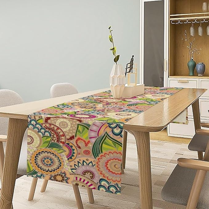 Boho Floral Table Runner,Retro Bohemian Flower Table Runner for Kitchen Dining Table Home Party Decoration 13x60 Inch