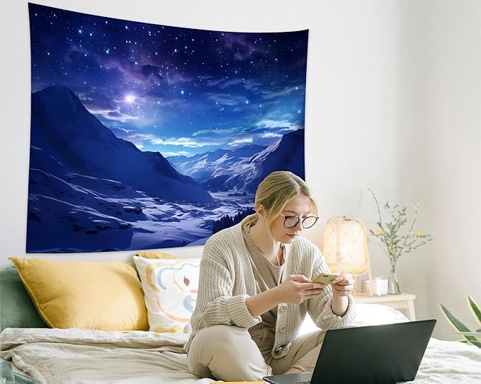 QGHOT Winter Tapestry Wall Hanging Snow Scene Backdrop Snow Mountain Wall Decor Blue Nature Landscape Snowy Large Tapestry for Bedroom Room Dorm, Large