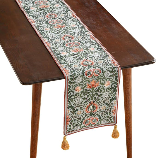 ISAENNE Designer French Green Elegant Linen Table Runner 102 Inches Long,Colorful Flower Pattern Soft Table Runners for Dining Tables,Thanksgiving,Kitchen Tables,Christmas,12"*102"-Naples B
