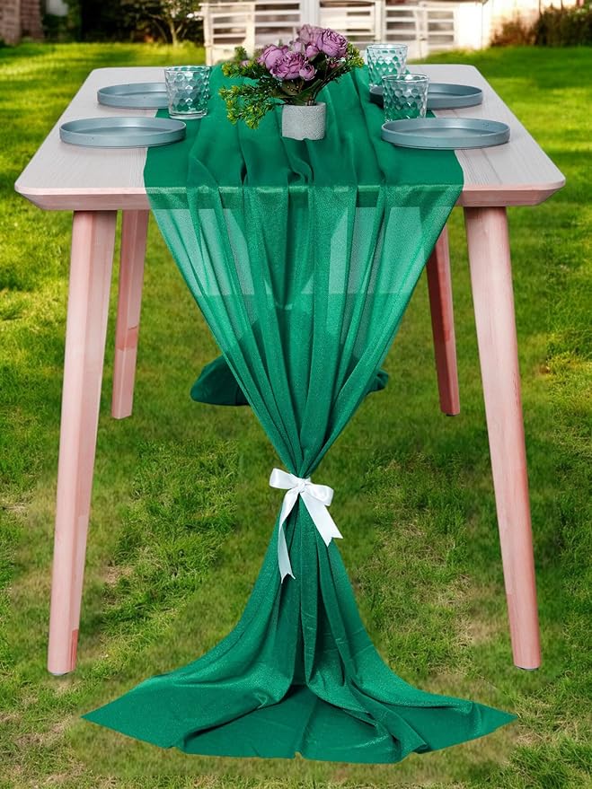 MDS 5 Pack 10ft Chiffon Table Runner 29 x 120 Inches Sheer Wedding Runner Romantic Rustic Table Runner for Wedding Decorations, Birthday Parties, Bridal Shower Party Arch Decor - Emerald Green