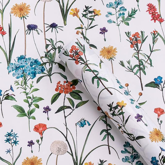 WRAPAHOLIC Kraft Wildflower Wrapping Paper - Mini Roll - 17 Inch x 16.5 Feet - Floral Wrapping Paper for for Wedding, Birthday, Bridal Shower, Tea Party