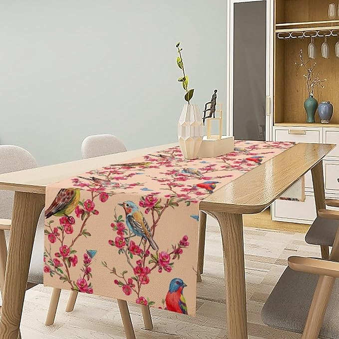 Floral Butterfly Table Runner Seasonal Spring Flower Bird Table Decoration Table Runner for Home Party Decoration 13x36 Inch