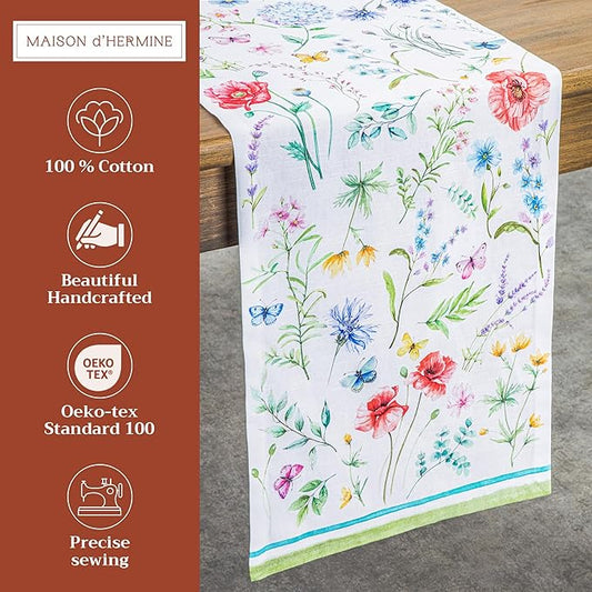 Maison d' Hermine Table Runner 100% Cotton Single Layer Table Runners 108 inches Long Decorative for Home Kitchen Dining Party Wedding Bridal Shower Spring Summer (Just Floral, 14.50" x 108")