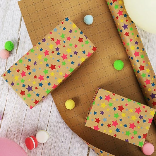 LaRibbons Birthday Wrapping Paper Roll for Kids, 30 Inch x 33 Feet (83 sq. ft. ttl.) Kraft Gift Wrap Paper with Colorful Star Pattern for Baby Shower Holiday Party