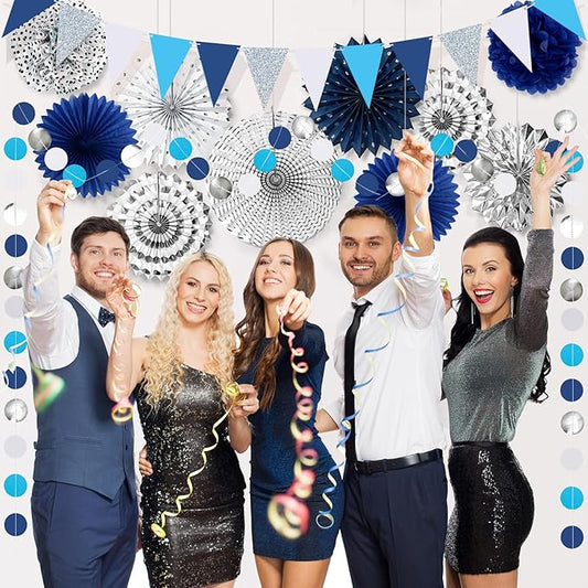 Navy-Blue White Silver Graduation Party-Decorations 33pcs Kits Banner, Paper Lantern Fans,Tissue Pom Poms Honeycomb, Streamers Tassel Garland,Bridal Shower Birthday Wedding Bachelorette Decor