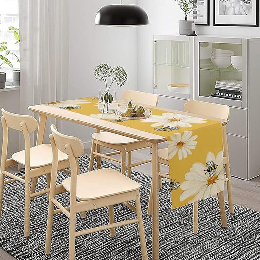 Daisy Flower Table Runner, Summer Spring Seasonal Watercolor Wildflower Yellow Bee Print Table Cover for Home Party Decor Kitchen Dining Table, 13x36inch