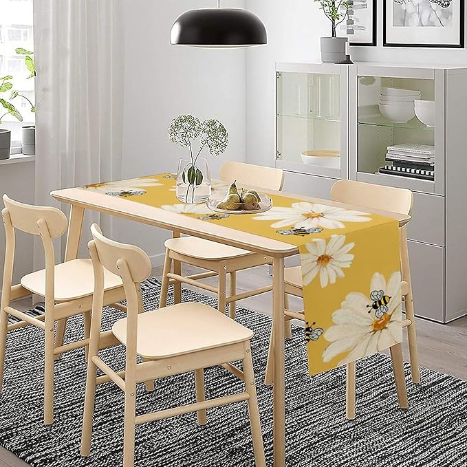 Daisy Flower Table Runner, Summer Spring Seasonal Watercolor Wildflower Yellow Bee Print Table Cover for Home Party Decor Kitchen Dining Table, 13x90inch