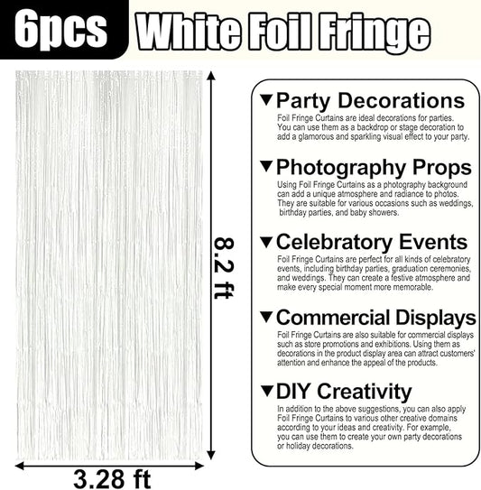 6 Pack White Foil Fringe Curtain Backdrop, 3.28Ft x 8.2Ft Metallic Tinsel Foil Fringe Streamer Curtains for Photo Booth, Birthday, Wedding, New Year Party Decorations