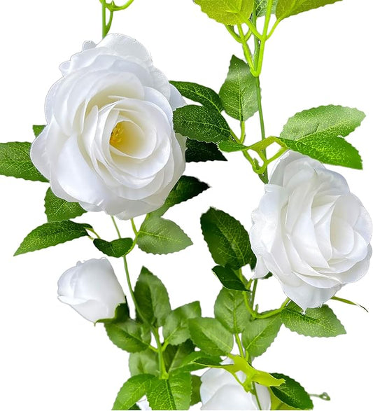 UKELER 2 Pack 14FT Artificial Rose Vines White Flower Garland Artificial Rose Flowers with Green Leaves Floral Plant for Wedding Arch Party Garden Craft Home Decor