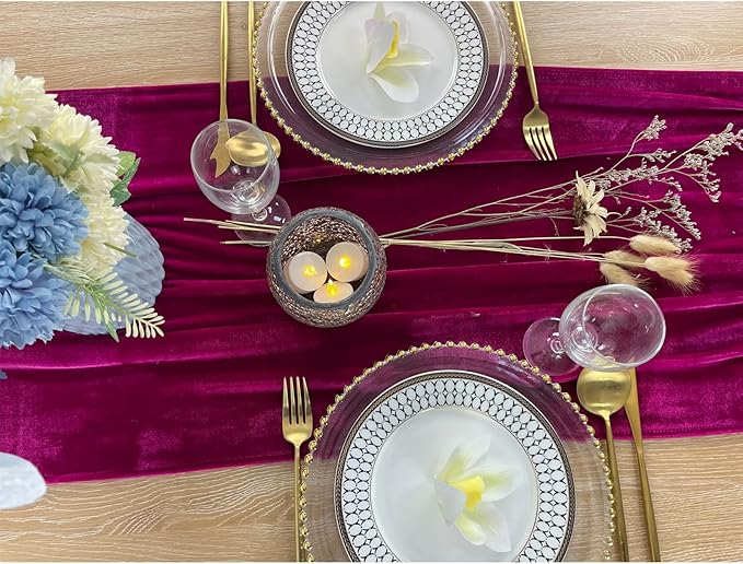 Luxurious Velvet Table Runner, 10ft Wedding Reception Decorations, 20x120inch Soft Velvet Fabric, Table Linen Overlay, Wedding Table Runners (Fuchsia, 20X120inch)
