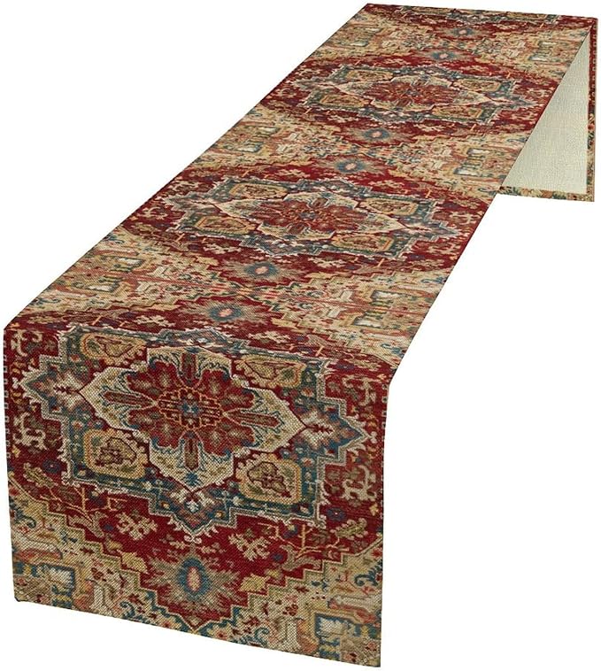 Boho Bohemia Style Table Runner, Vintage Red Brown Retro Flower Rustic Country Style Floral Print Pattern for Home Kitchen Table Decor Dining Coffee Room Garden Party Decor 13x108in
