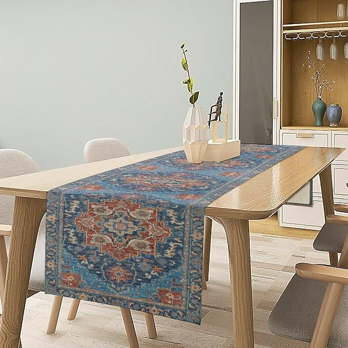 Boho Floral Vintage Table Runner, Retro Abstract Blue Flower Rustic Country Farmhouse Pattern for Home Kitchen Table Decor Dining Coffee Room Party Decor 13x108in