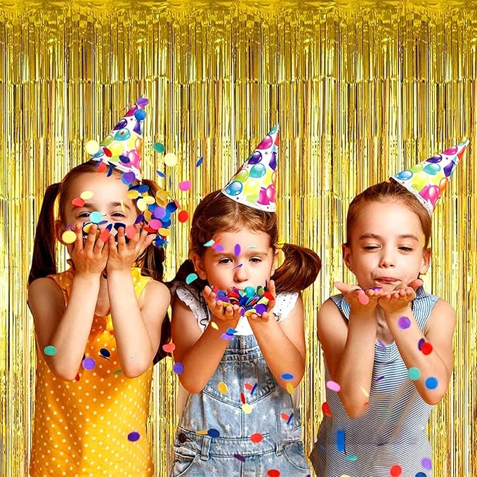 4 Pack Gold Foil Fringe Curtain Backdrop, 3.28Ft x 8.2Ft Metallic Tinsel Foil Fringe Streamer Curtains for Photo Booth Props, Birthday, Wedding, New Year’s, Christmas Decoration Party Supplies New