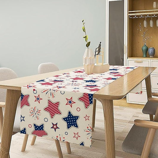 4th of July Table Runner, American Patriotic Independence Day Red Blue White Stars Stripes Fireworks Print Table Runner for Home Party Decor Kitchen Dining Table, 13x108inch