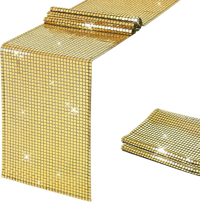 SquarePie Disco Table Runner Mirror Glitter Black and Gold Sequin Runner for 70s 80s Disco Dance Bachelorette Party Supplies Table Decorations (12x108 Inches ,2 Pack)