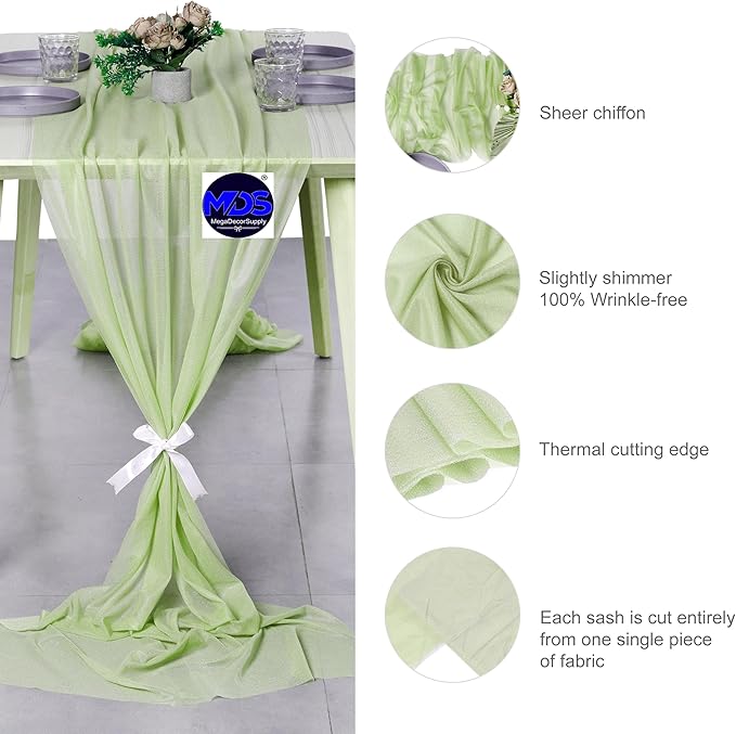 MDS 2 Pack 14ft Chiffon Table Runner 29 x 170 Inches Sheer Wedding Runner Romantic Rustic Table Runner for Wedding Decorations, Birthday Parties, Bridal Shower Party Arch Decor - Sage Green