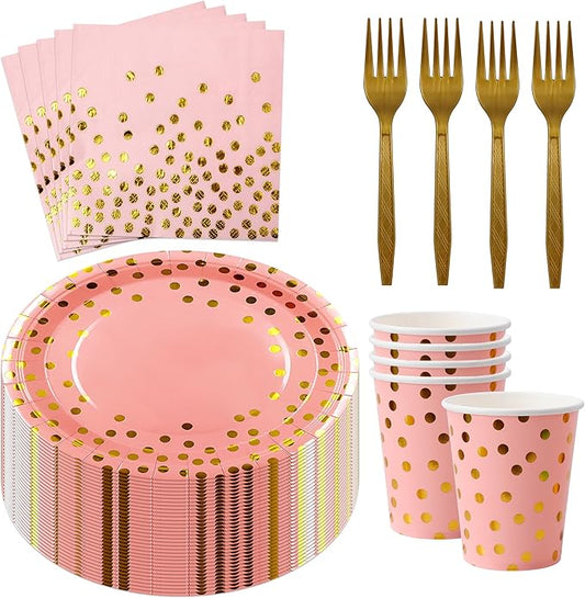 Sveikie160 Pcs Pink And Gold Paper Plates, Birthday Cake Party Plates And Napkins, Wedding Disposable Utensils For Birthday Graduation Wedding And Holiday Celebrations Serves 40 (Pink)