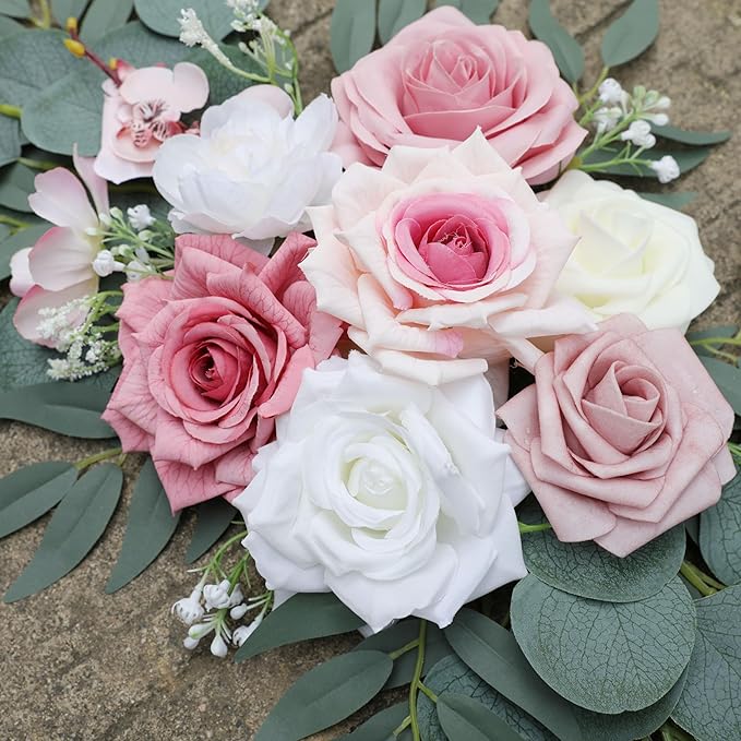 ponatia Artificial Wedding Arch Flowers (Pack of 2), Dusty Rose Wedding Flowers for Wedding Welcome Signs Floral Decorations and Wedding Reception Ceremony Decor (Dusty Rose & Pink & Ivory)