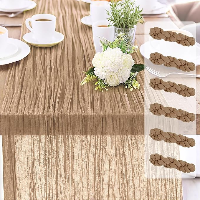 6-Pack Khaki Cheesecloth Table Runners – 10FT (35x120 Inch) Boho Rustic Gauze Fabric Cheese Cloth Table Runner for Weddings, Baby Showers, Bridal Shower, Farmhouse & Birthday Party Decor