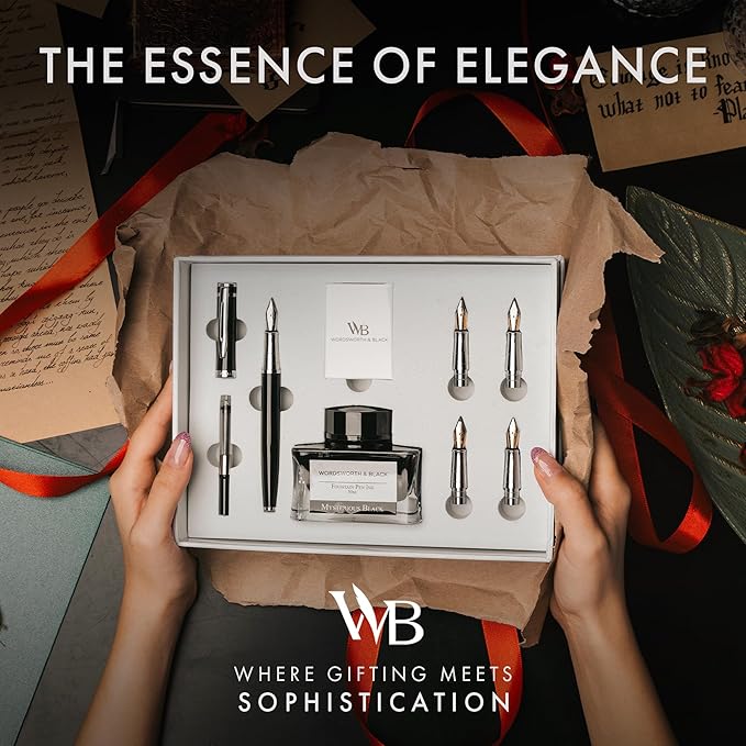 Wordsworth & Black Fountain Pen Gift Set, Includes Ink Bottle, 6 Ink Cartridges & A Refill Converter, 4 Replacement Nibs, Premium Package, Journaling, Calligraphy, Smooth Writing Pens [Black Chrome]