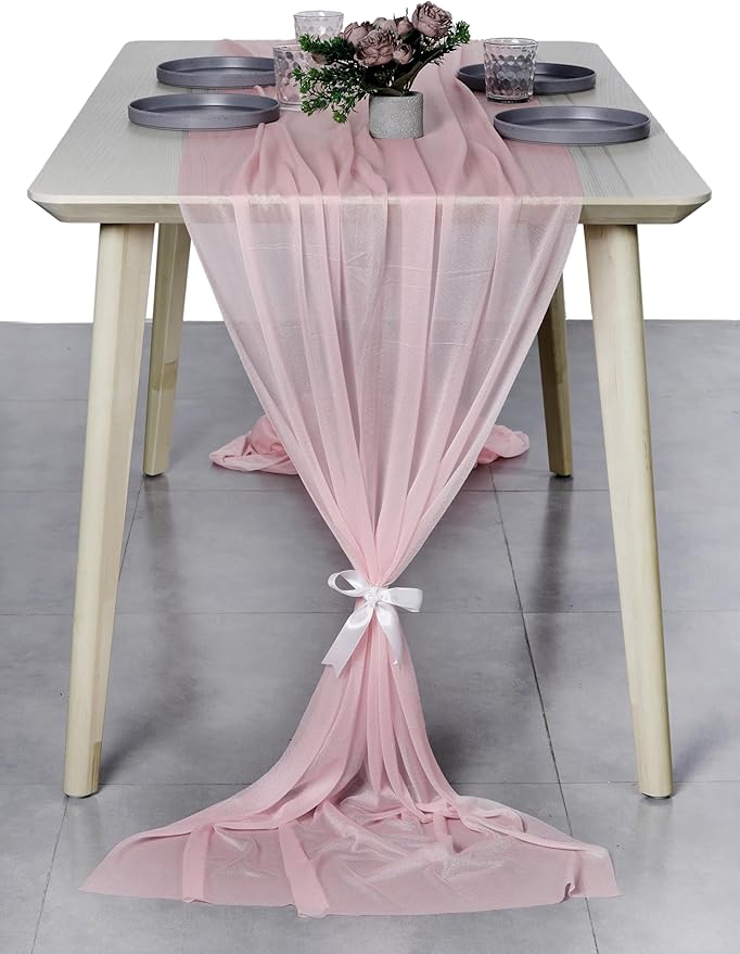 MDS 2 Pack 14ft Chiffon Table Runner 29 x 170 Inches Sheer Wedding Runner Romantic Rustic Table Runner for Wedding Decorations, Birthday Parties, Bridal Shower Party Arch Decor - Blush Pink