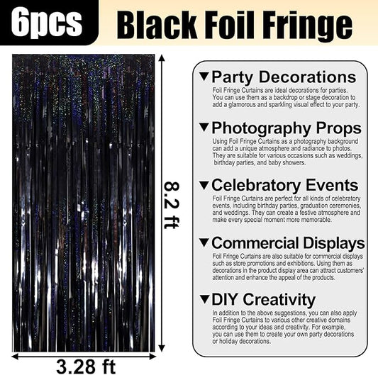 6 Pack Black Foil Fringe Curtain Backdrop, 3.28Ft x 8.2Ft Metallic Tinsel Foil Fringe Streamer Curtains for Photo Booth, Birthday, Wedding, New Year Party Decorations