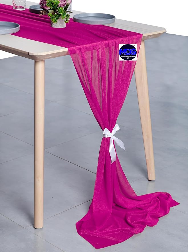 MDS 2 Pack 14ft Chiffon Table Runner 29 x 170 Inches Sheer Wedding Runner Romantic Rustic Table Runner for Wedding Decorations, Birthday Parties, Bridal Shower Party Arch Decor - Magenta