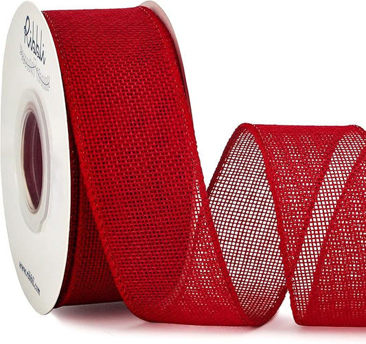 Ribbli Red Burlap Wired Ribbon,1-1/2 Inch x 10 Yard,Wired Edge Ribbon for Big Bow,Wreath,Tree Decoration,Outdoor Decoration