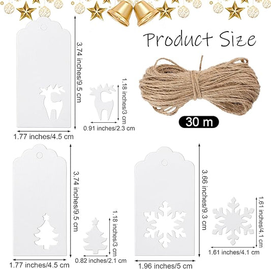 Aneco 150 Pieces Christmas Paper Gift Tags White Kraft Tags Hang Labels Christmas Tree Snowflake Reindeer Design with 30 Meters Jute Twine for Christmas DIY Wrapping Favor Holiday Present
