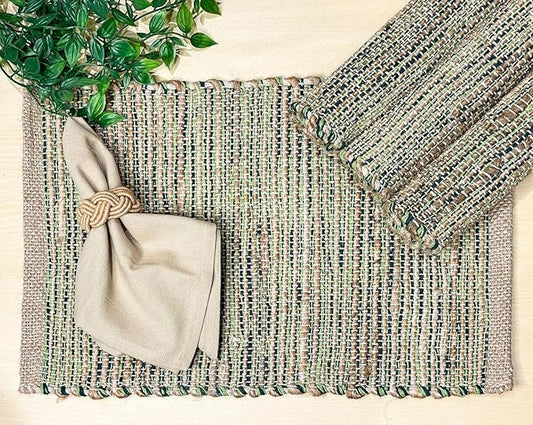 Chardin Home Natural Jute & Green Placemats, Set of 4 – Rustic Handmade Boho Table Mats, 13x19 Inch Dining Table Placemats for Kitchen, Everyday Meals, Holidays, Farmhouse or Modern Table Décor
