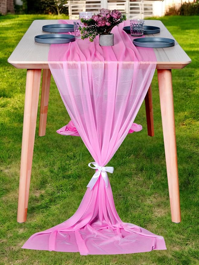 MDS 25 Pack 10ft Chiffon Table Runner 29 x 120 Inches Sheer Wedding Runner Romantic Rustic Table Runner for Wedding Decorations, Birthday Parties, Bridal Shower Party Arch Decor - Bubblegum Pink