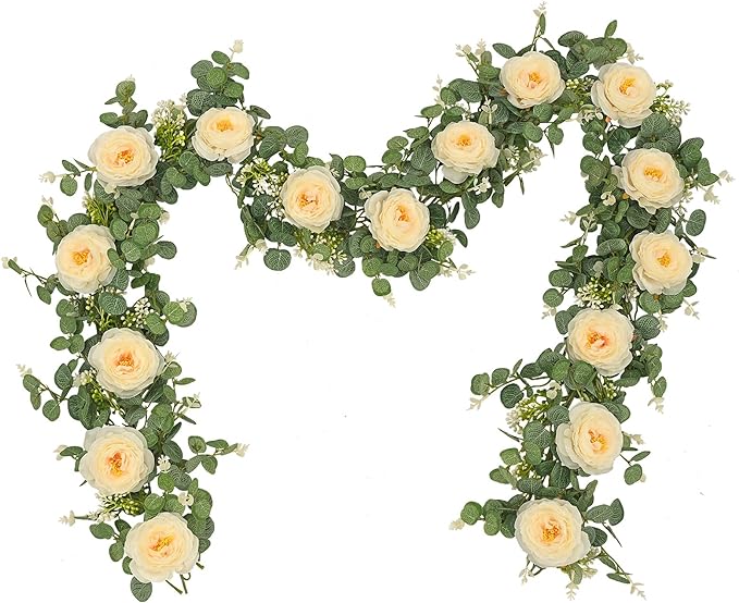 Dolicer 2Pcs 13Ft Artificial Eucalyptus Garlands with Flowers, Faux Floral Greenery Garlands Fake Flowers Vines for Wedding Centerpieces Arch Party Ceremony Backdrop Decor (Champagne)