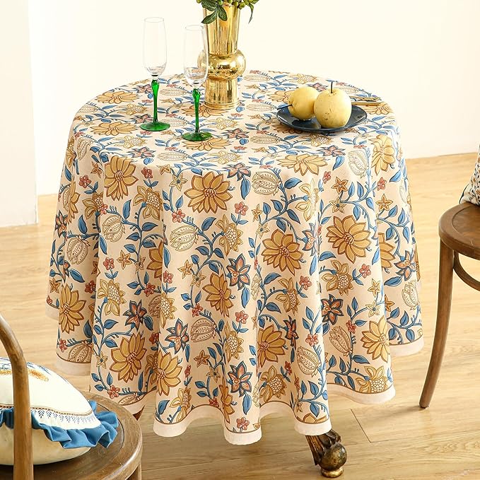 ISAENNE Designer Bohemian Floral Round Tablecloth,Linen Colorful Table Cloth,Wrinkle Resistant Decor Tablecloths for Dining Thanksgiving Kitchen Party Christmas,Diameter 67"-Estevan B