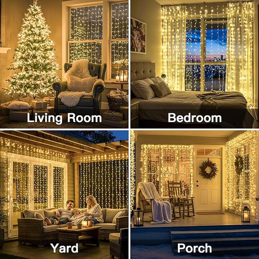 suddus Curtain Lights for Bedroom, 300 Led 9.8x9.8ft Hanging String Lights Outdoor, Fairy Curtain Lights Indoor for Christmas, Dorm, Wall, Backdrop, Window, Wedding, Party, Birthday Decor, Warm White