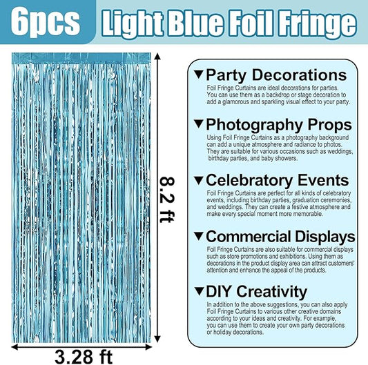 6 Pack Light Blue Foil Fringe Curtain Backdrop, 3.28Ft x 8.2Ft Metallic Tinsel Foil Fringe Streamer Curtains for Photo Booth,Birthday, Christmas Day, New Year, Wedding Party Decorations