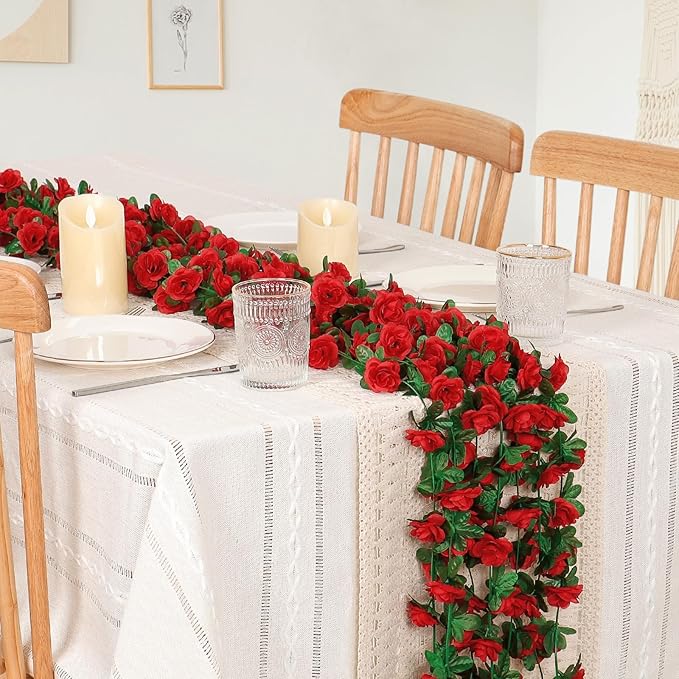 KHOYIME 18 Pack 144 FT Artificial Flower Garland, Fake Red Roses Vines Silk Flowers Faux Plastic Outdoor Hanging Floral Ivy Garland Decoration for Wedding Arch Bedroom Home Wall Backdrop Room Decor