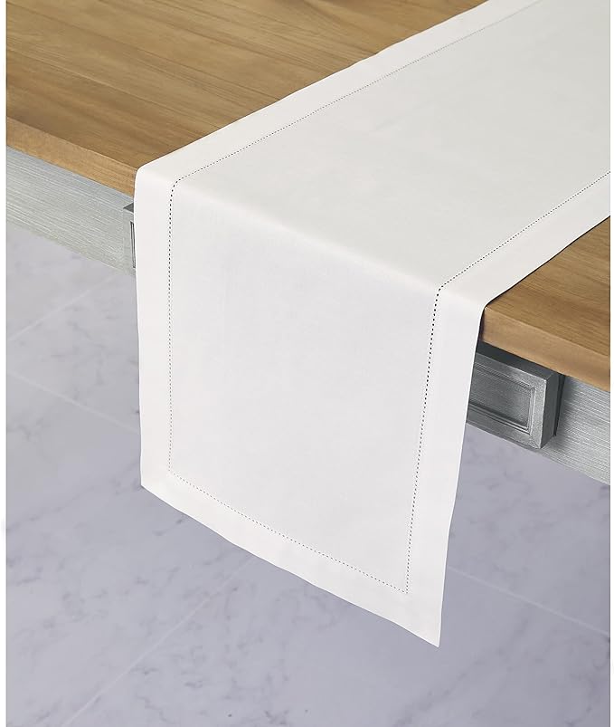 Solino Home White Table Runner 120 Inches Long - Cotton Linen Hemstitch 14 x 120 Inch Table Runner for Dining, Fall, Autumn, Halloween, Thanksgiving, Christmas, Holiday