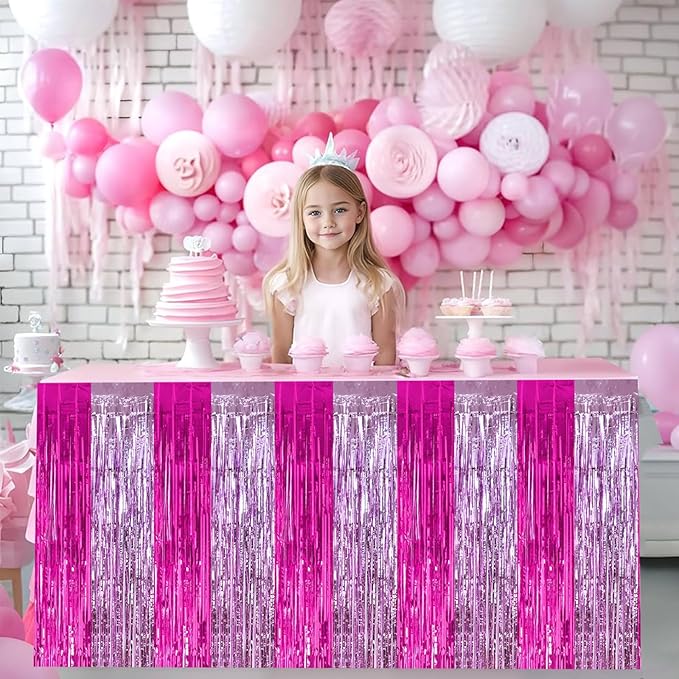BEISHIDA 2 Pack Hot Pink Pink Table Skirts Party Decorations Purple Metallic Tinsel Foil Fringe Rectangle Round Table Skirts for Girls Birthday Holiday Valentines Party Supplies