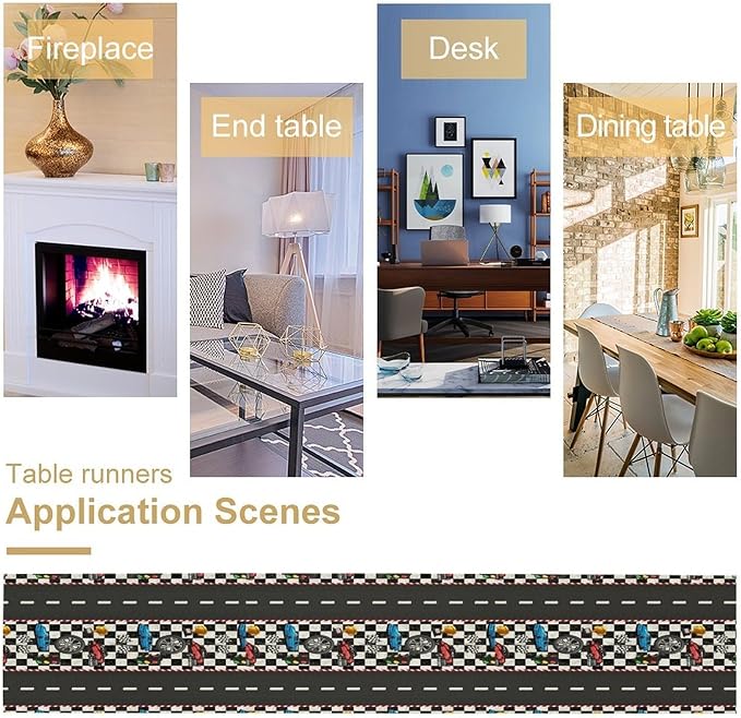 Race Car Table Runner,Checkered Flag Black and White Race Cars Pattern Print Tablecloth Burlap for Hotel Indoors Outdoor Dining Room Kitchen Home Decor,W13X L70 in