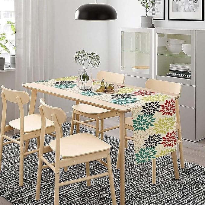 Abstract Red Dahlia Vintage Table Runner, Geometric Lines Mid Century Vintage Modern Colorful Table Runner for Party Kitchen Dining Living Room Laundry Room Decor, 13x70 Inch