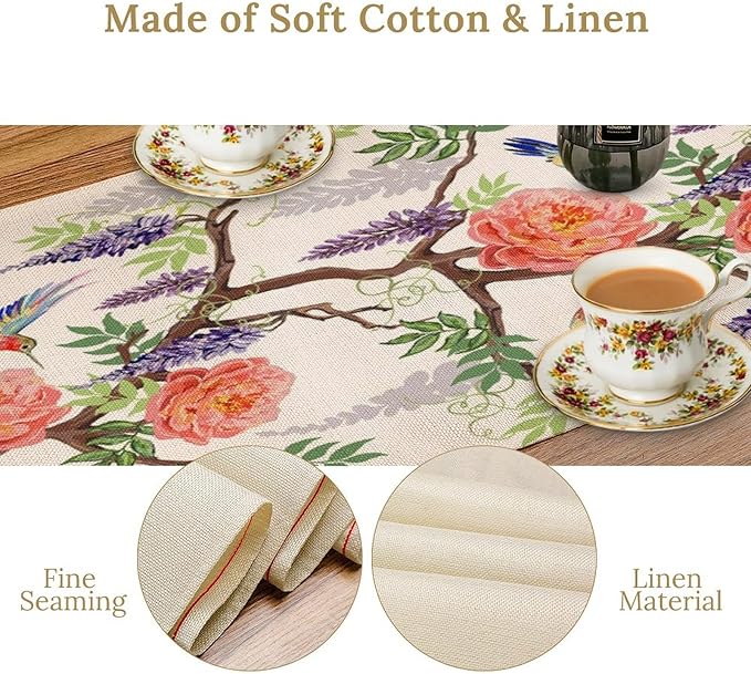 Vintage Bird Flower Table Runner Seasonal Spring Purple Wisteria Garden Plants Lavender Pink Florals Farmhouse Country Kitchen Dinner Runner Dining Table Decoration for Home Party Holiday 13"x36"