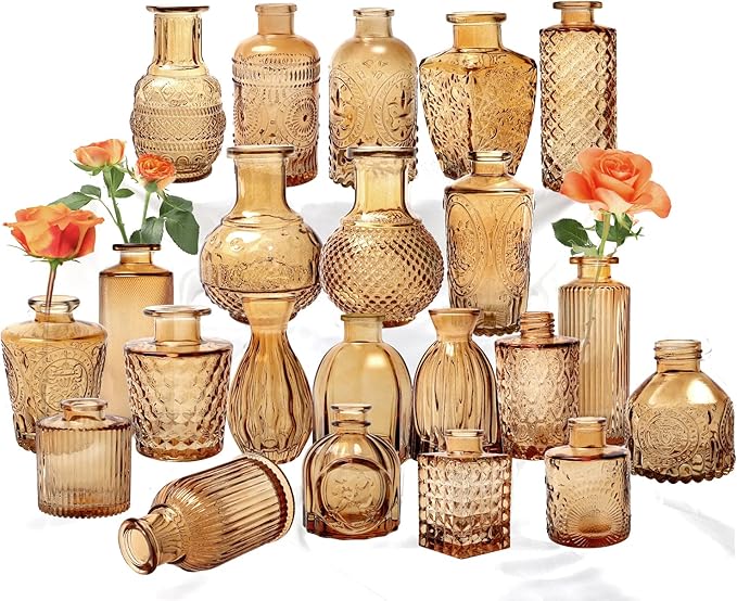 Set of 22 Amber Glass Mini Bud Vase For Bulk Rustic Wedding Decorations, Centerpieces, Vintage Look Home Table Flower Décor,Clear