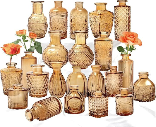 Set of 22 Amber Glass Mini Bud Vase For Bulk Rustic Wedding Decorations, Centerpieces, Vintage Look Home Table Flower Décor,Clear