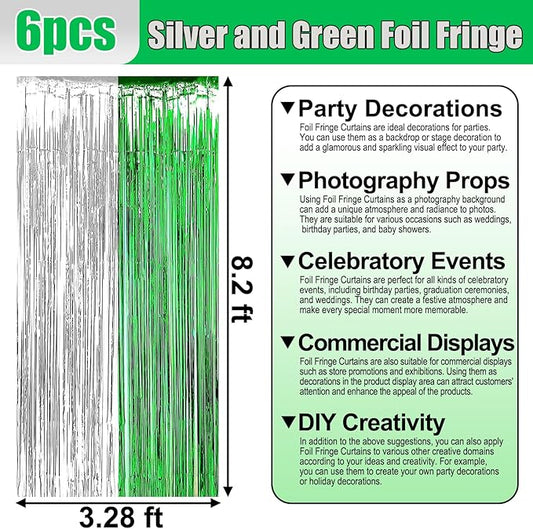 6 Pack Silver Green Foil Fringe Curtain Backdrop, 3.28Ft x 8.2Ft Metallic Tinsel Foil Fringe Streamer Curtains for Photo Booth, Birthday, Wedding, New Year Party Decorations