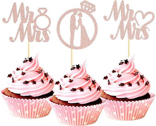 Sotpot 24PCS Miss to Mrs Cupcake Toppers with Ring Rose Gold Glitter for Wedding Bridal Shower Wedding Engagement Party Cake Decorations