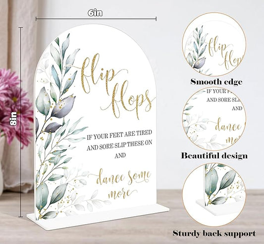 Acrylic Wedding Signs, Greenery Theme Flip Flops Sign, Wedding Reception Signage, Bridal Shower Table Decor with Stand, Engagement, Anniversary, Newlywed Events Supplies for Dance Floor Decor, 13