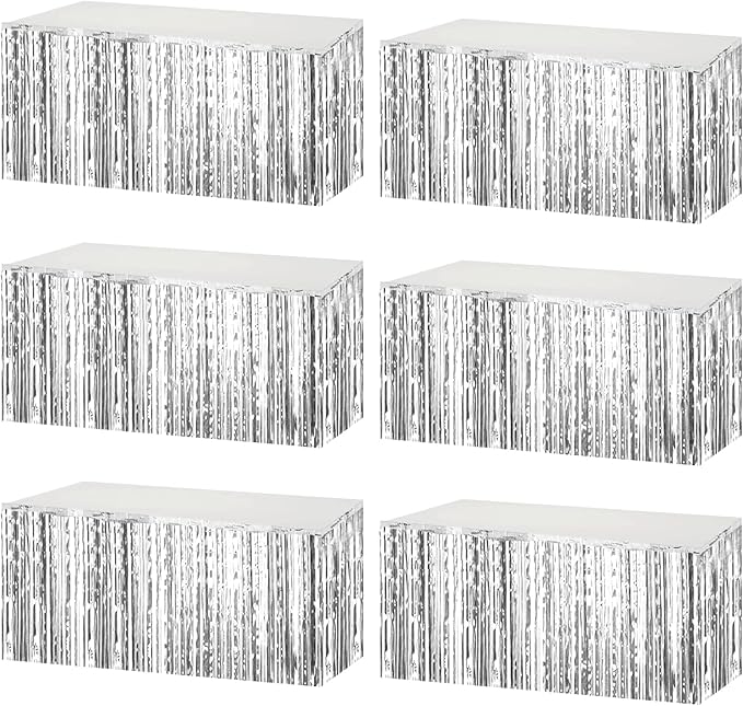 6 Pack 29x108 Inch Metallic Foil Fringe Tinsel Table Skirts Banner for Rectangle Tables Streamer Garland Curtains Backdrop for Wedding, Birthday, Parade Floats, Christmas Party Decoration(Silver)