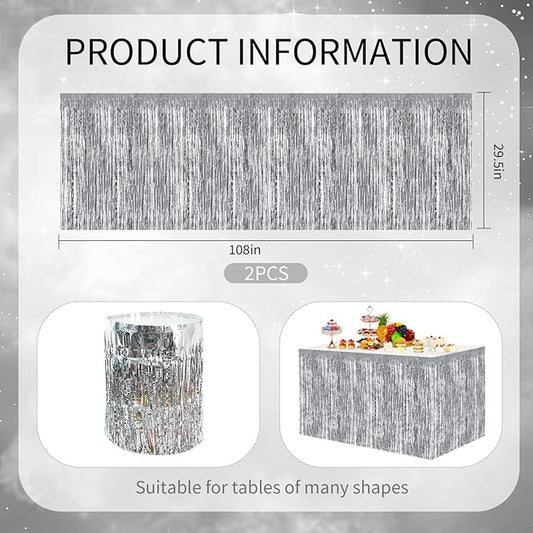 BEISHIDA 2 Pack Silver Table Skirts Party Decorations Metallic Tinsel Foil Fringe Table Skirts Table Decors for Rectangle and Round Table Birthday Holiday Party Cartoon Party