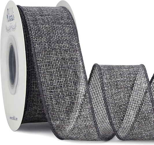 Ribbli Grey Burlap Wired Ribbon,1-1/2 Inch x 10 Yard,Gray,Solid Wired Edge Ribbon for Big Bow,Wreath,Tree Decoration,Outdoor Decoration
