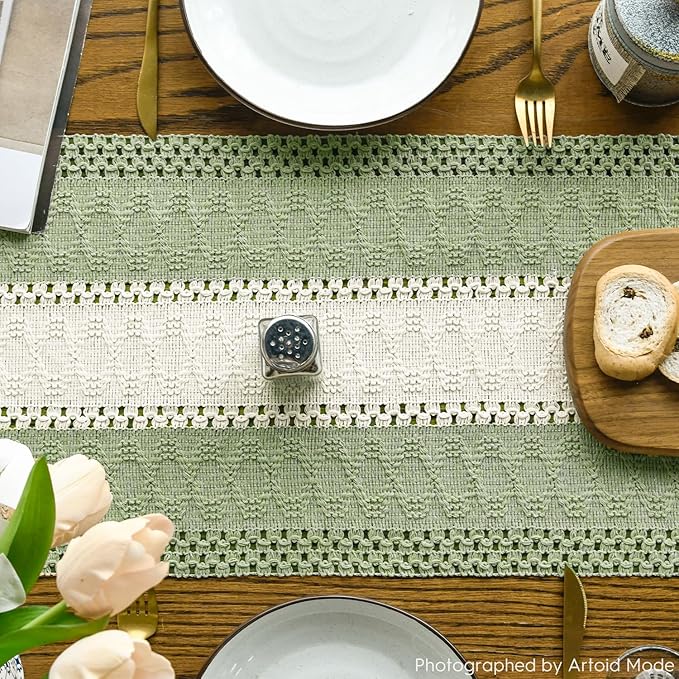 Artoid Mode Light Green Farmhouse Rustic Table Runner, Seasonal Hollow Kitchen Dining Table Decoration for Home Party Decor 12x90 Inch